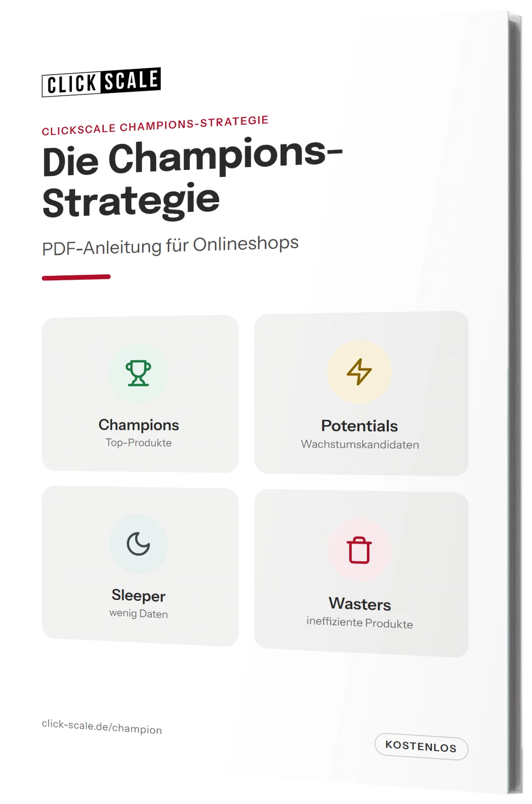 Mockup der PDF-Anleitung „Die Champions-Strategie“ von ClickScale: Titelseite mit Logo, Titel und den vier Gruppen Champions, Potentials, Sleeper und Wasters